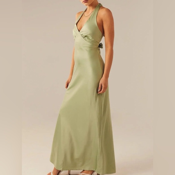 Pam Satin Green Halter Maxi Dress